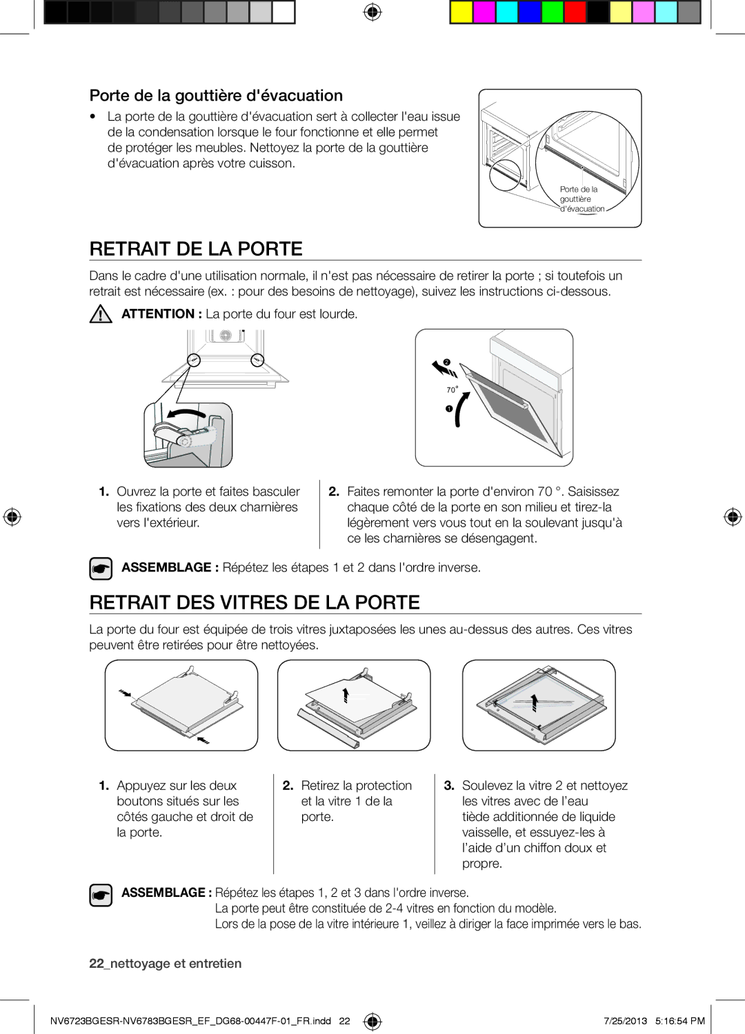 Samsung NV6723BGESR/EF manual Retrait DE LA Porte, Retrait DES Vitres DE LA Porte, Porte de la gouttière dévacuation 