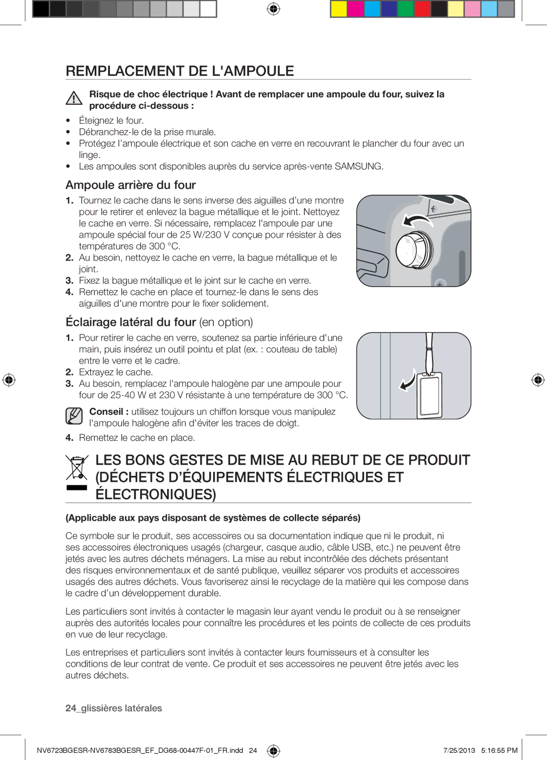 Samsung NV6723BGESR/EF manual Remplacement DE Lampoule, Ampoule arrière du four, Éclairage latéral du four en option 