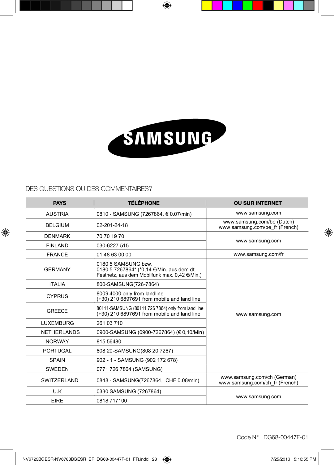 Samsung NV6723BGESR/EF manual Code N DG68-00447F-01 