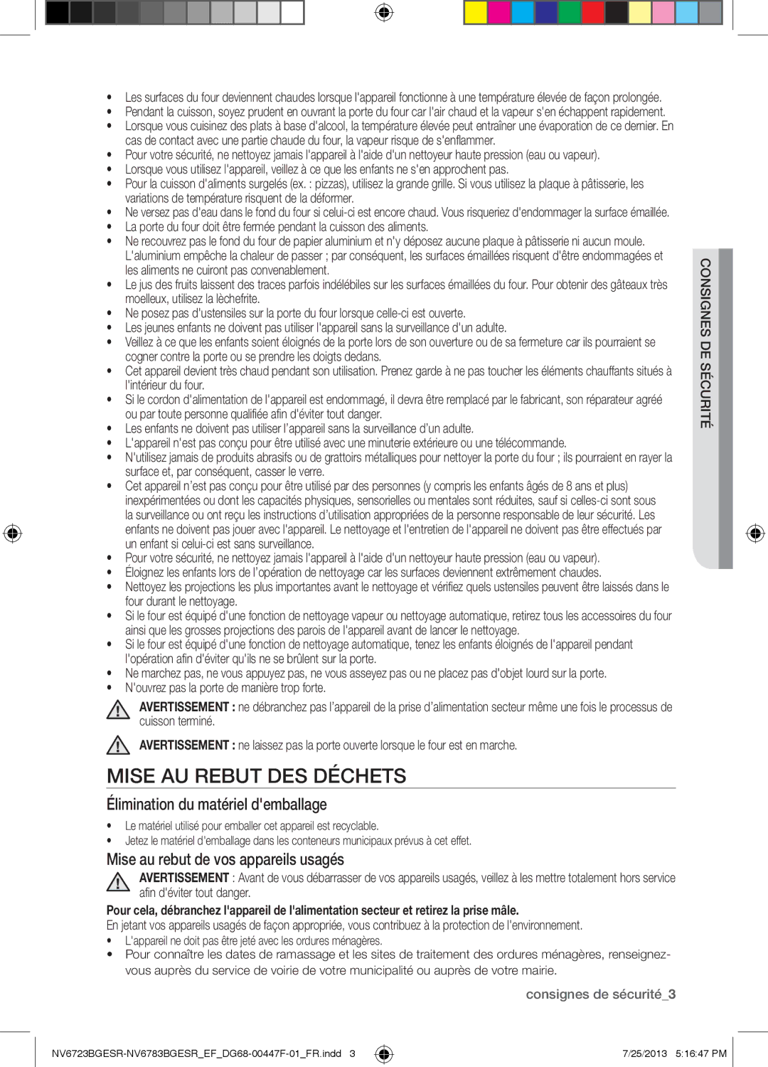 Samsung NV6723BGESR/EF manual Mise AU Rebut DES Déchets, Élimination du matériel demballage, Uritéc s sdeen ig nsoc 