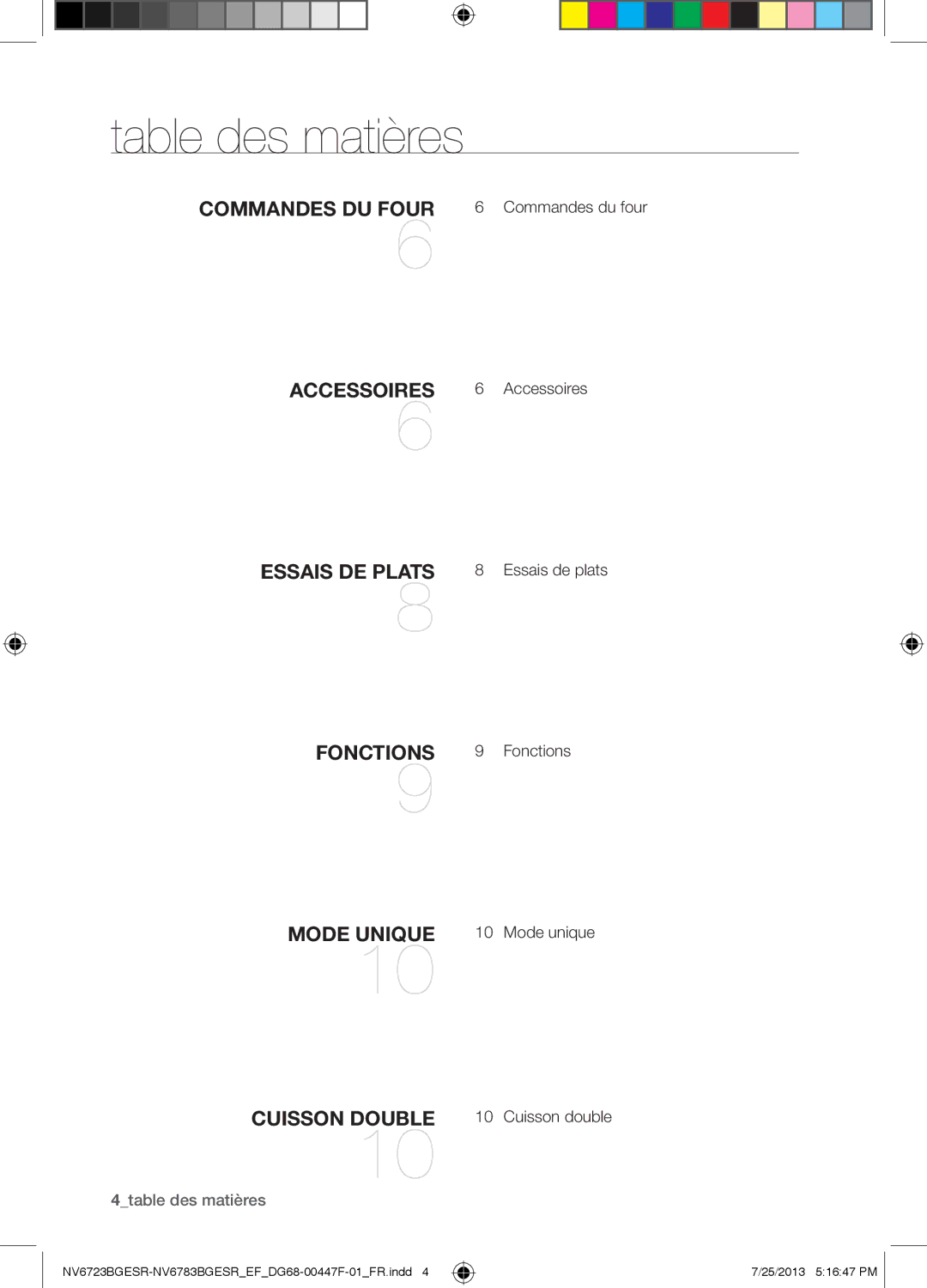 Samsung NV6723BGESR/EF manual Table des matières, Commandes du four Accessoires Essais de plats Fonctions 