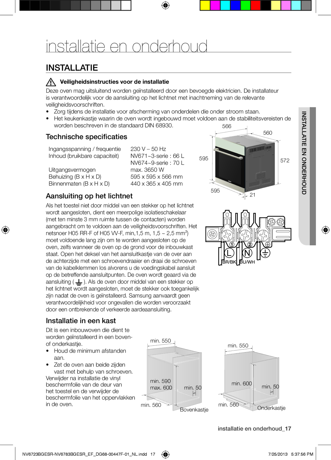 Samsung NV6723BGESR/EF manual Installatie en onderhoud, Technische specificaties, Aansluiting op het lichtnet 