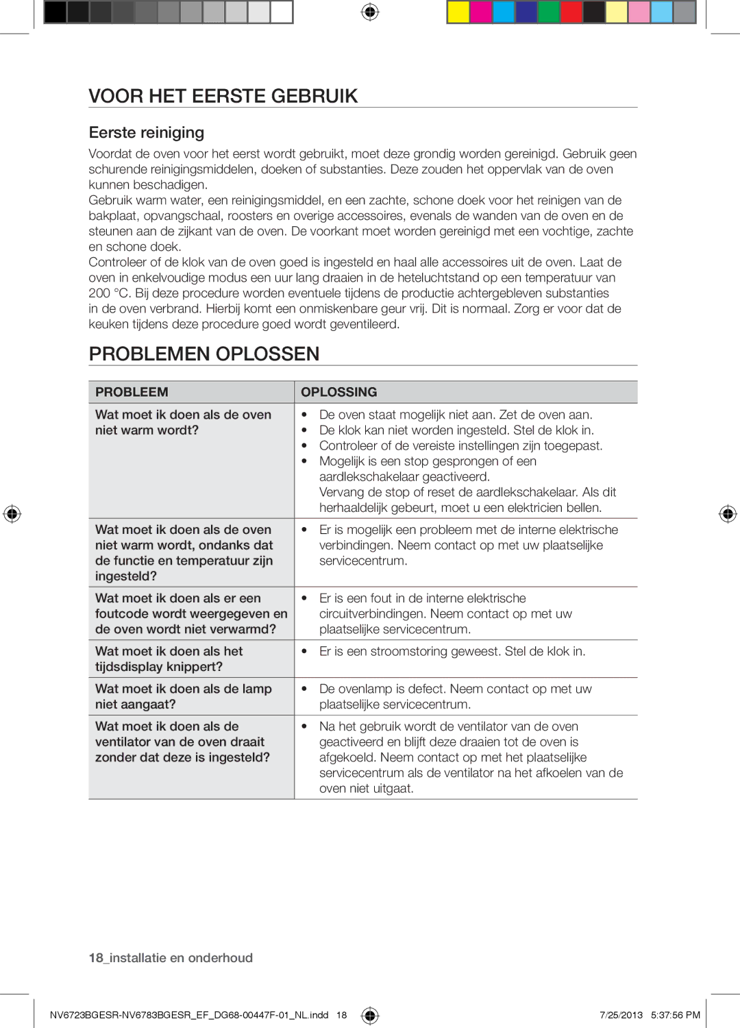 Samsung NV6723BGESR/EF manual Voor HET Eerste Gebruik, Problemen Oplossen, Eerste reiniging, Probleem Oplossing 