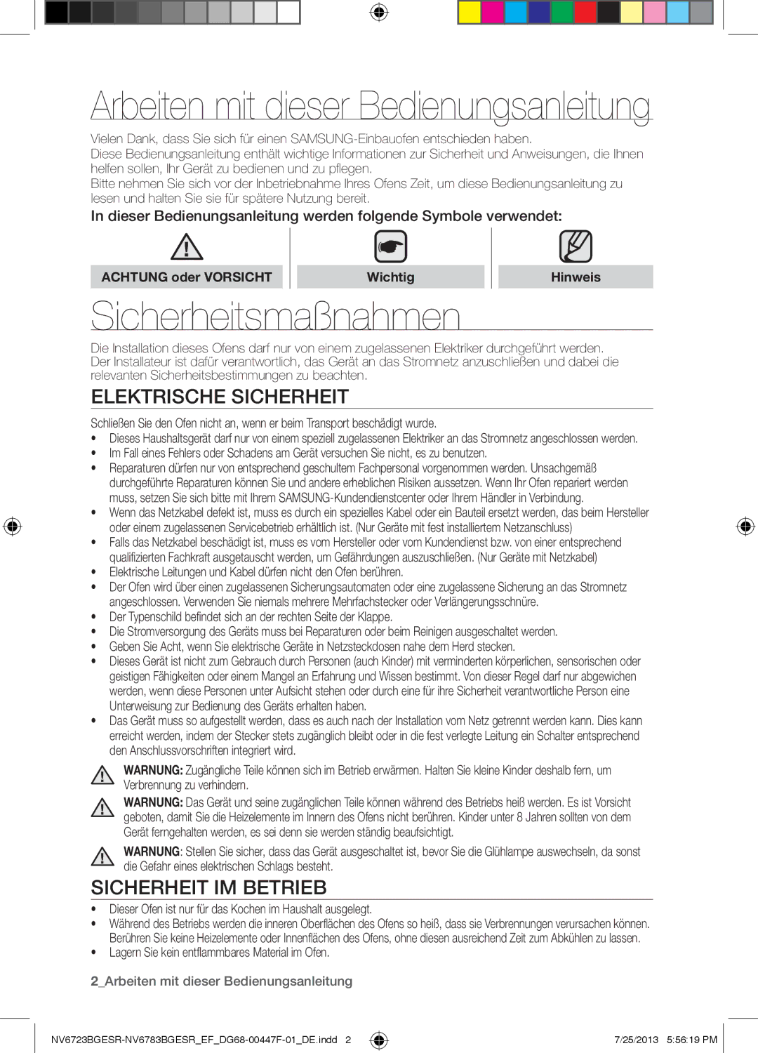 Samsung NV6723BGESR/EF manual Sicherheitsmaßnahmen, Elektrische Sicherheit, Sicherheit IM Betrieb 