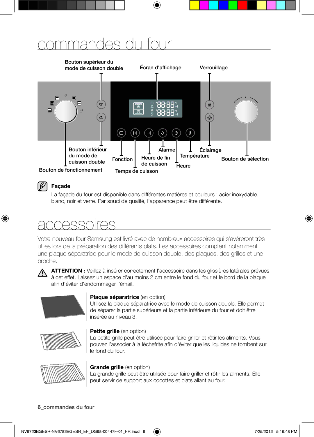 Samsung NV6723BGESR/EF manual Commandes du four, Accessoires 