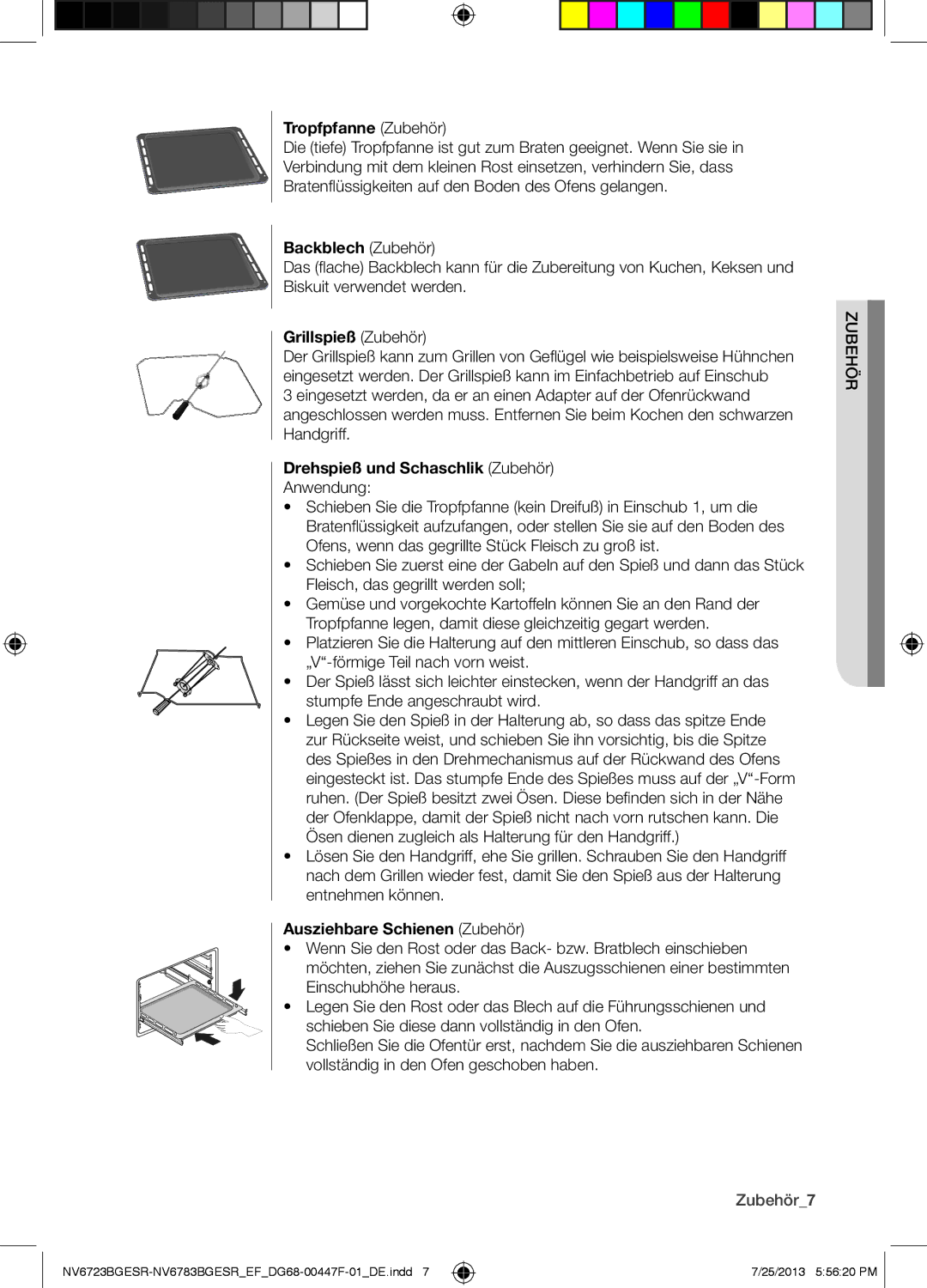 Samsung NV6723BGESR/EF manual Tropfpfanne Zubehör, Backblech Zubehör, Grillspieß Zubehör, Drehspieß und Schaschlik Zubehör 