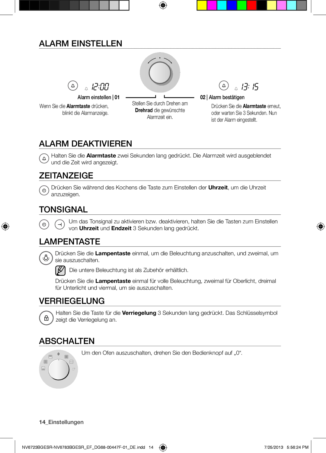 Samsung NV6723BGESR/EF Alarm Einstellen, Alarm Deaktivieren, Zeitanzeige, Tonsignal, Lampentaste, Verriegelung, Abschalten 