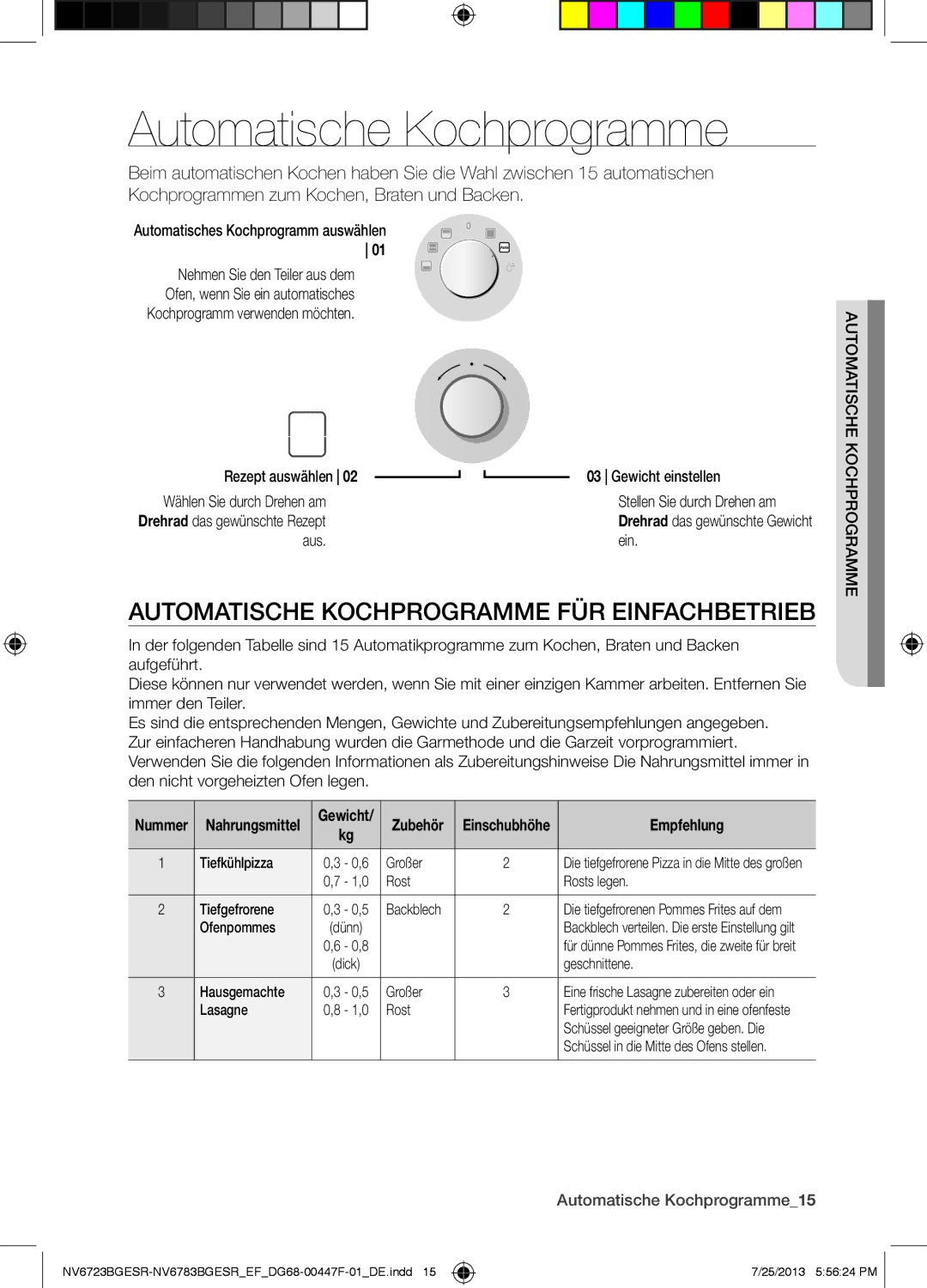 Samsung NV6723BGESR/EF Automatische Kochprogramme FÜR Einfachbetrieb, Aus Ein, Empfehlung, Kochrogramme Automatische 