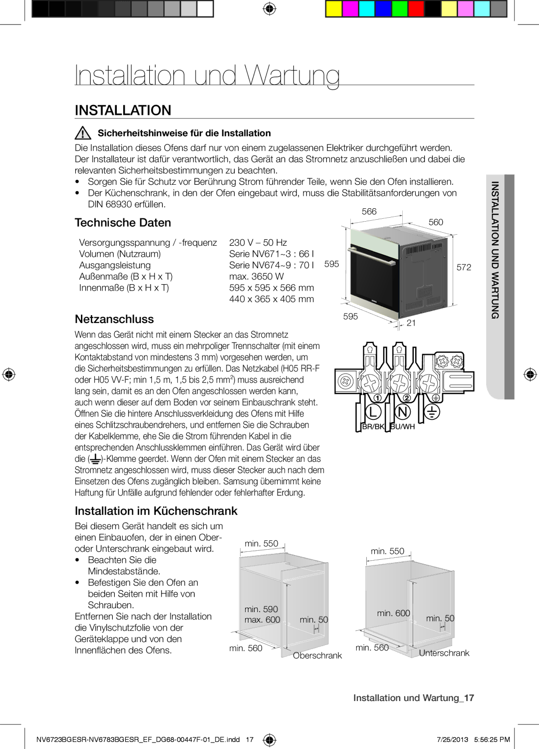 Samsung NV6723BGESR/EF manual Installation und Wartung, Technische Daten, Netzanschluss, Installation im Küchenschrank 