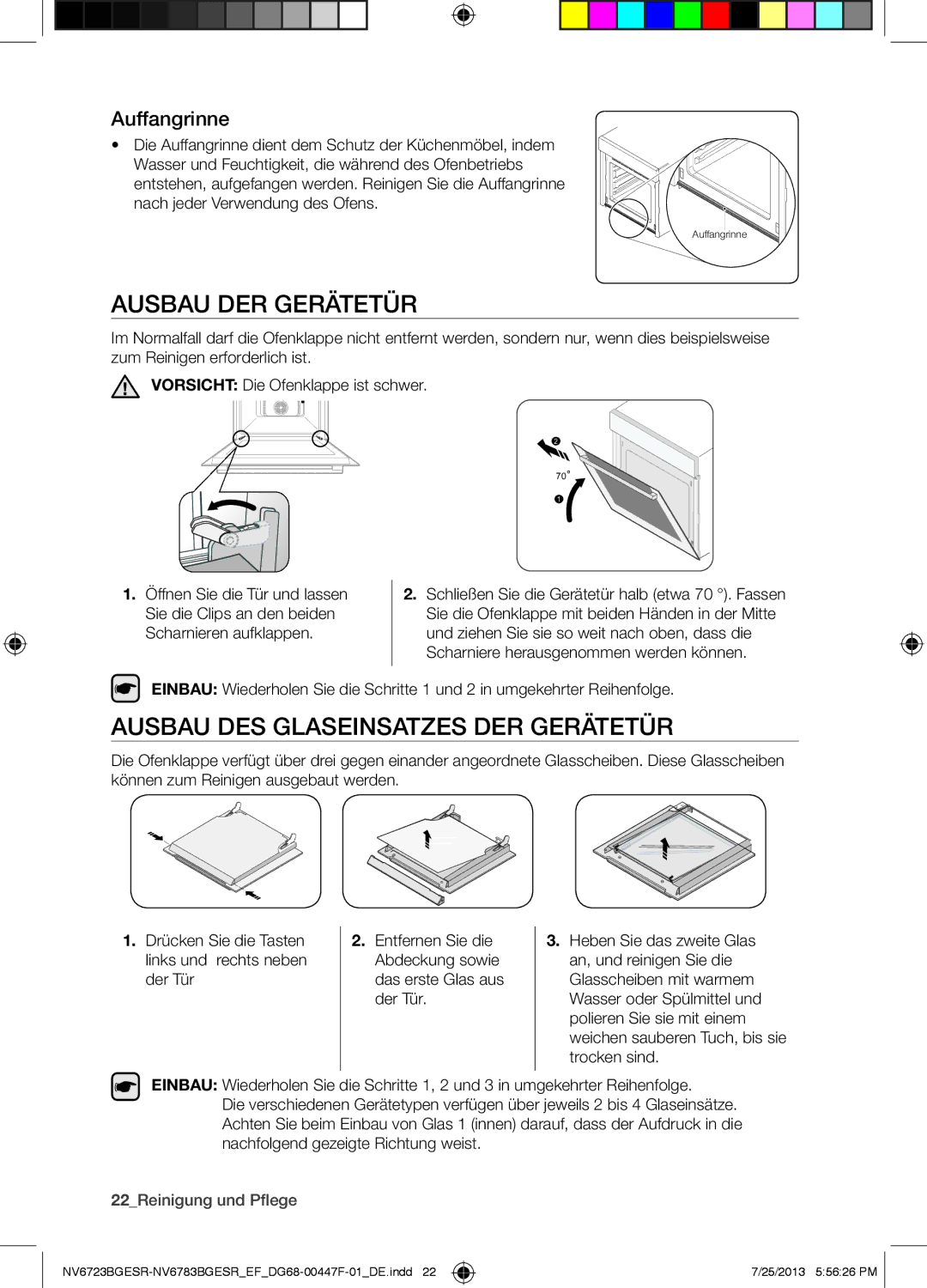 Samsung NV6723BGESR/EF manual Ausbau DER Gerätetür, Ausbau DES Glaseinsatzes DER Gerätetür, Auffangrinne 