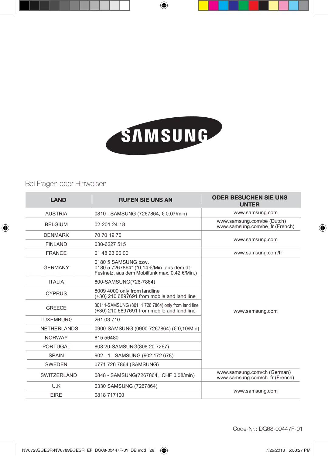 Samsung NV6723BGESR/EF manual Bei Fragen oder Hinweisen, Code-Nr. DG68-00447F-01 