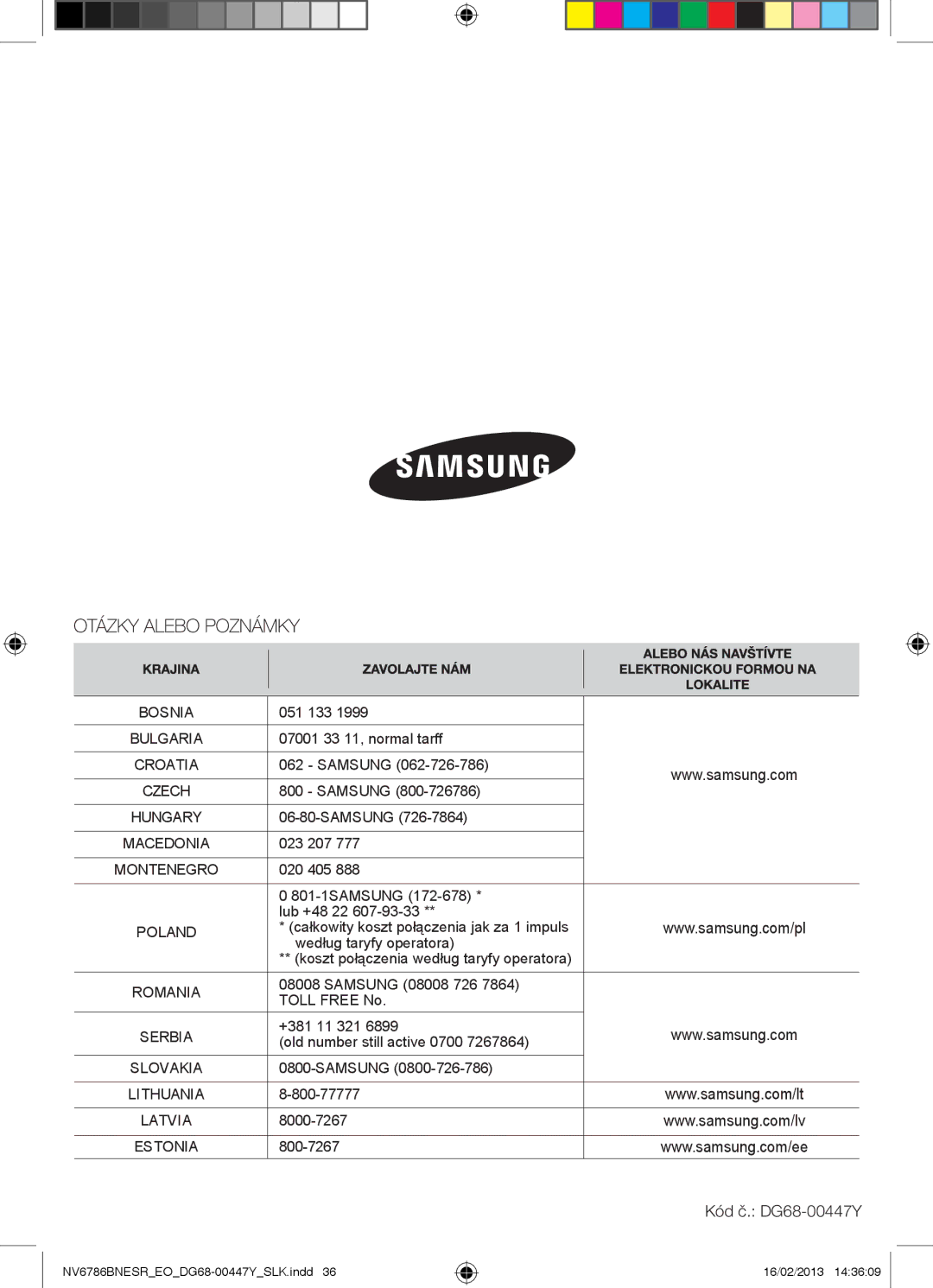 Samsung NV6786BNESR/EO manual Kód č. DG68-00447Y, 800-7267, +381 11 321, 8000-7267 