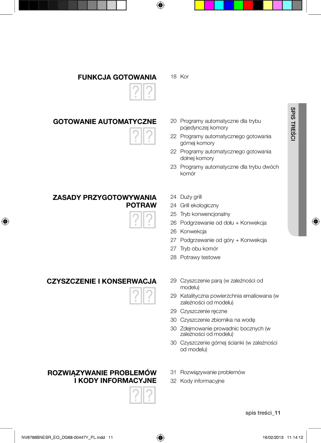 Samsung NV6786BNESR/EO manual 18 Kor, Rozwiązywanie problemów Kody informacyjne, Spis treści11 