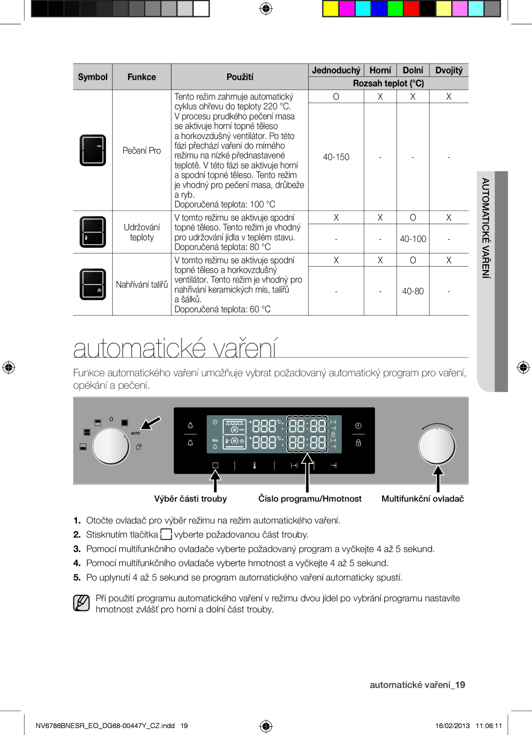 Samsung NV6786BNESR/EO manual Automatické vaření19 