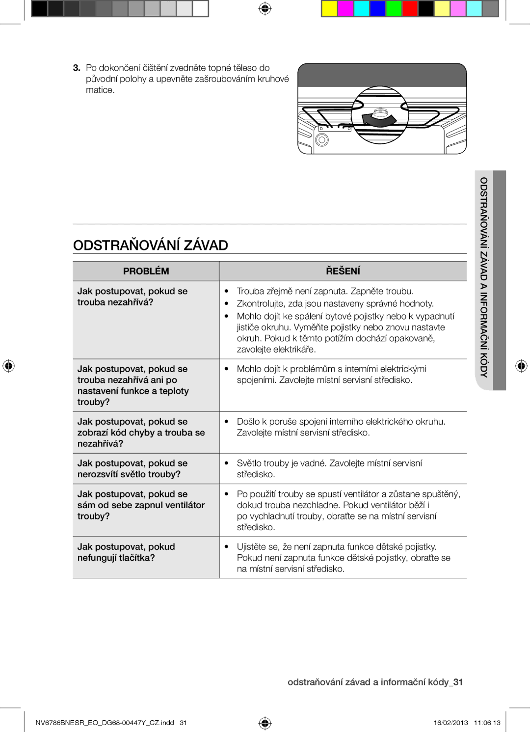 Samsung NV6786BNESR/EO manual Odstraňování Závad, Problém Řešení, Odstraňování závad a informační kódy31 