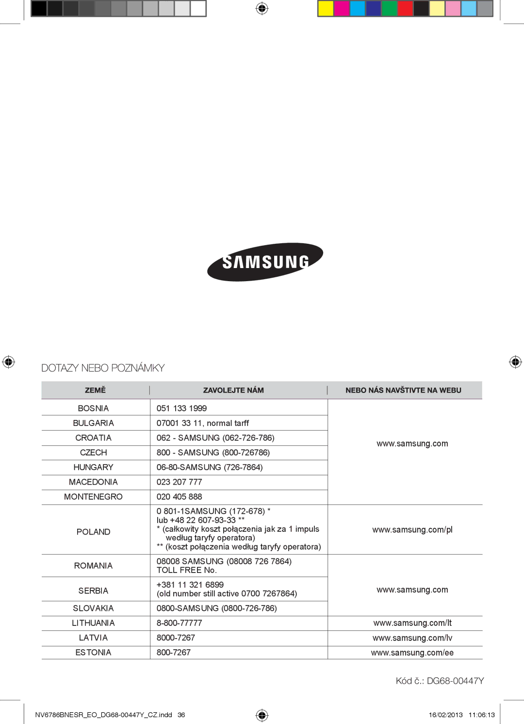 Samsung NV6786BNESR/EO manual Kód č. DG68-00447Y 