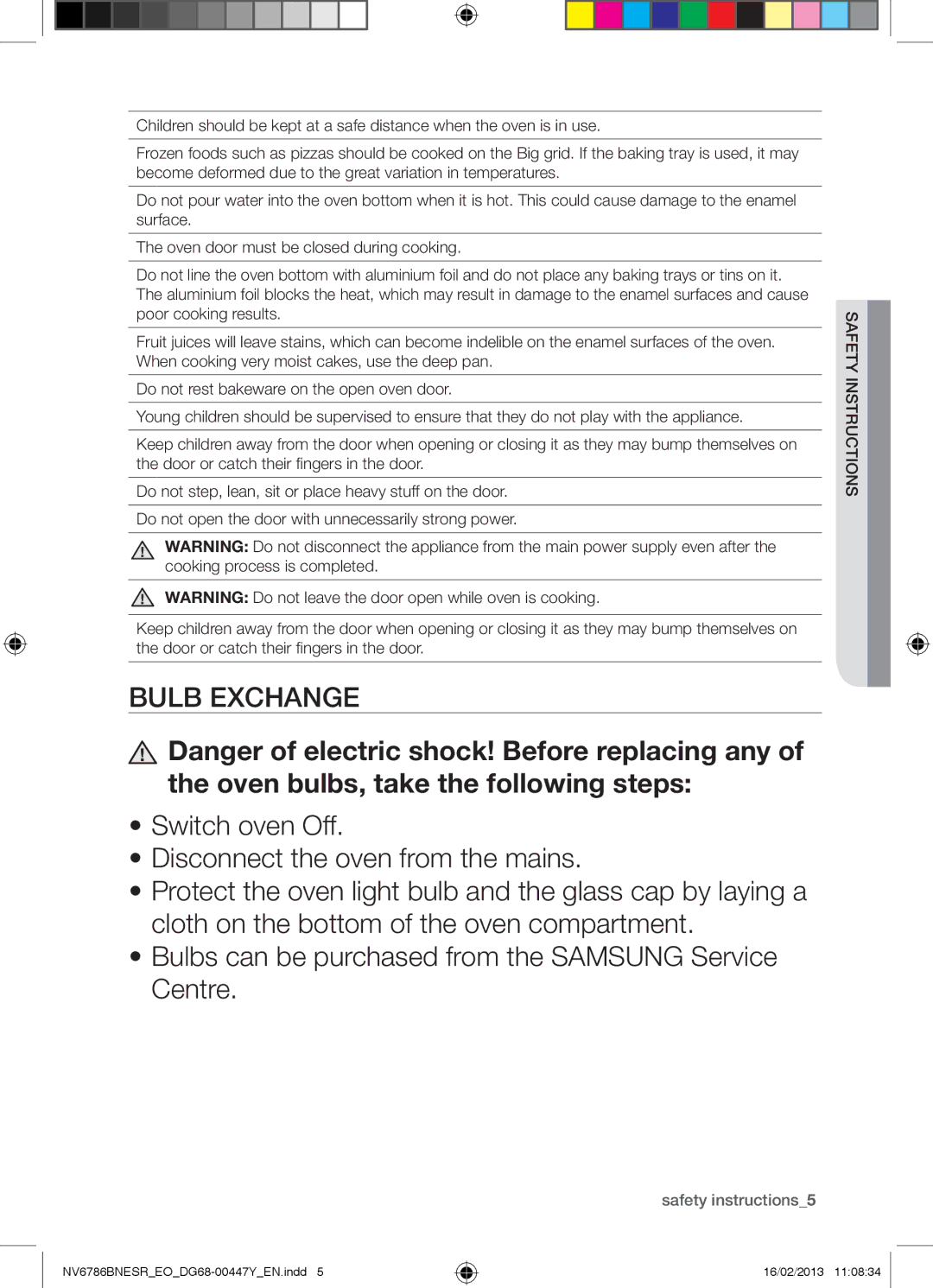 Samsung NV6786BNESR/EO manual Bulb Exchange, Safety instructions5 