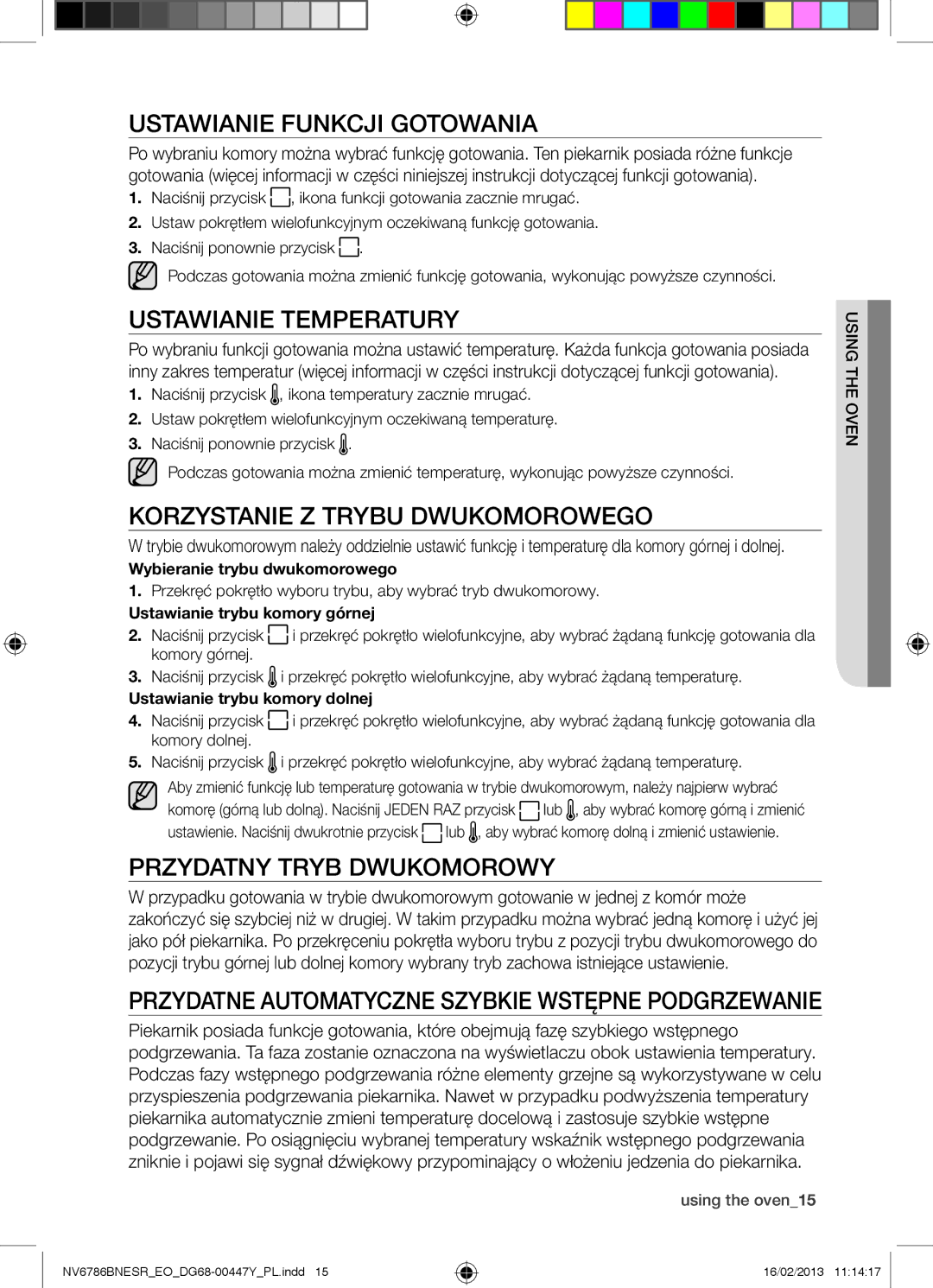 Samsung NV6786BNESR/EO manual Ustawianie Funkcji Gotowania, Ustawianie Temperatury, Korzystanie Z Trybu Dwukomorowego 