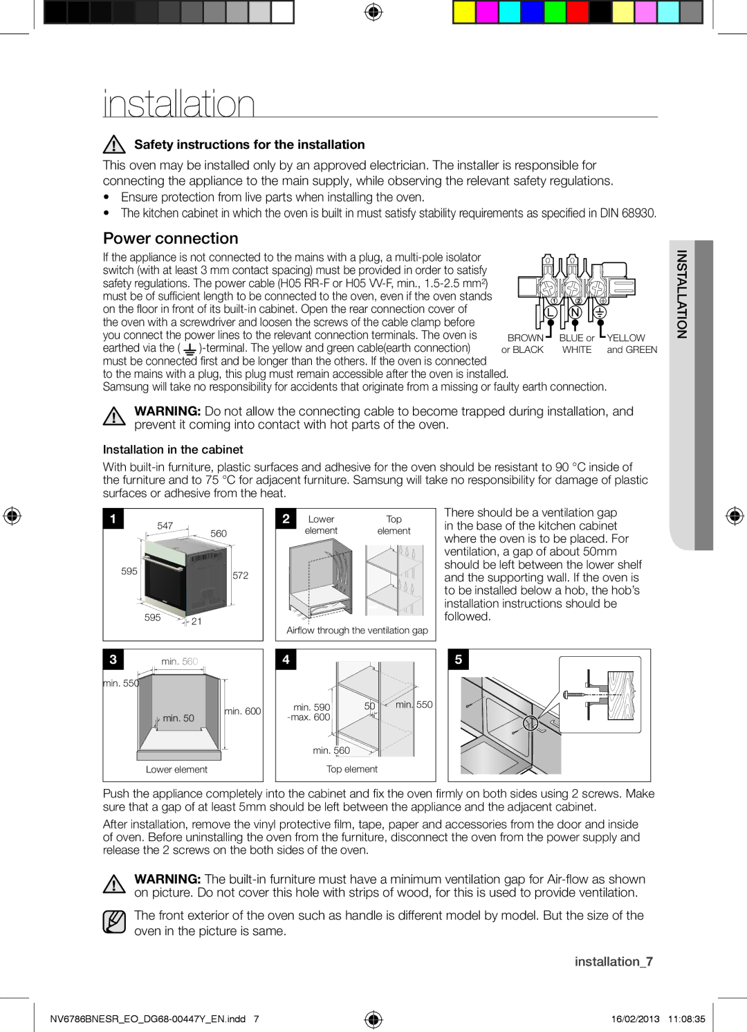 Samsung NV6786BNESR/EO manual Safety instructions for the installation, Ianstlla i ton, Installation7 