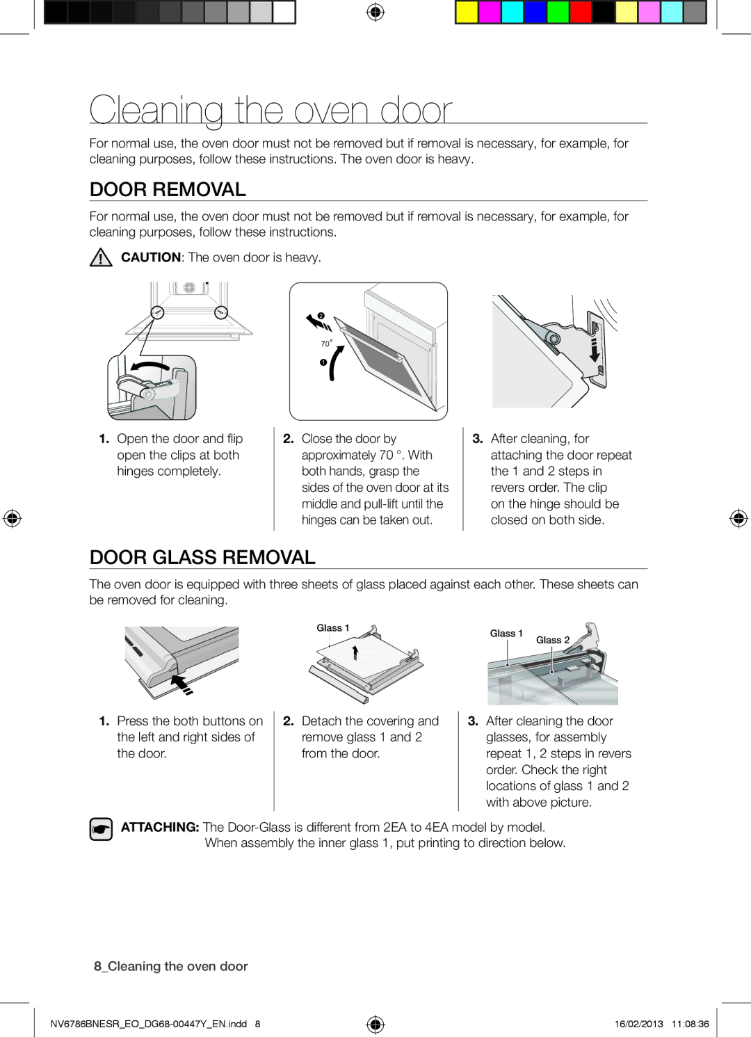 Samsung NV6786BNESR/EO manual Door Removal, Door Glass Removal, 8Cleaning the oven door 