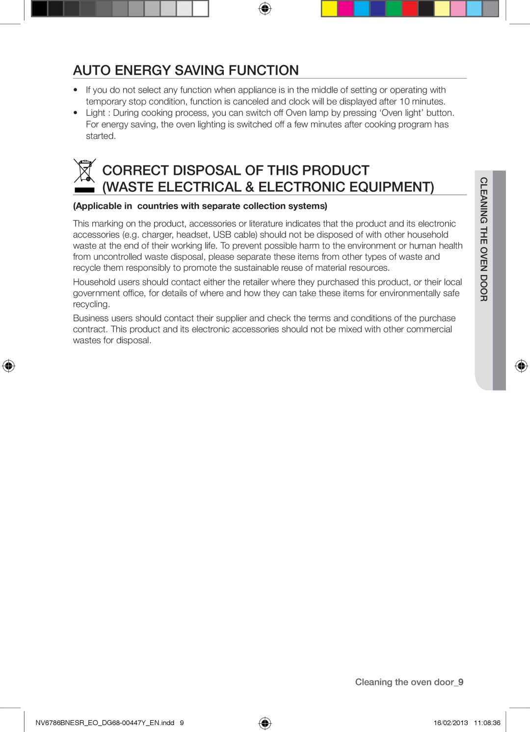 Samsung NV6786BNESR/EO manual Auto Energy Saving Function, Applicable in countries with separate collection systems 