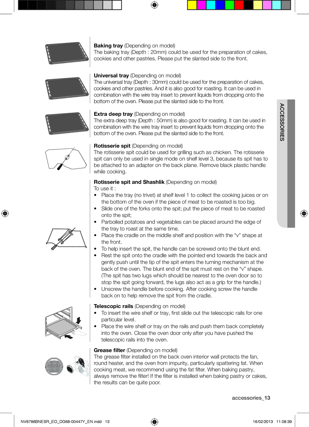 Samsung NV6786BNESR/EO manual Baking tray Depending on model, Universal tray Depending on model, Rie sso acce 