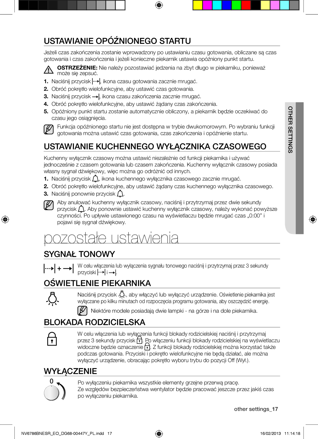 Samsung NV6786BNESR/EO manual Pozostałe ustawienia 