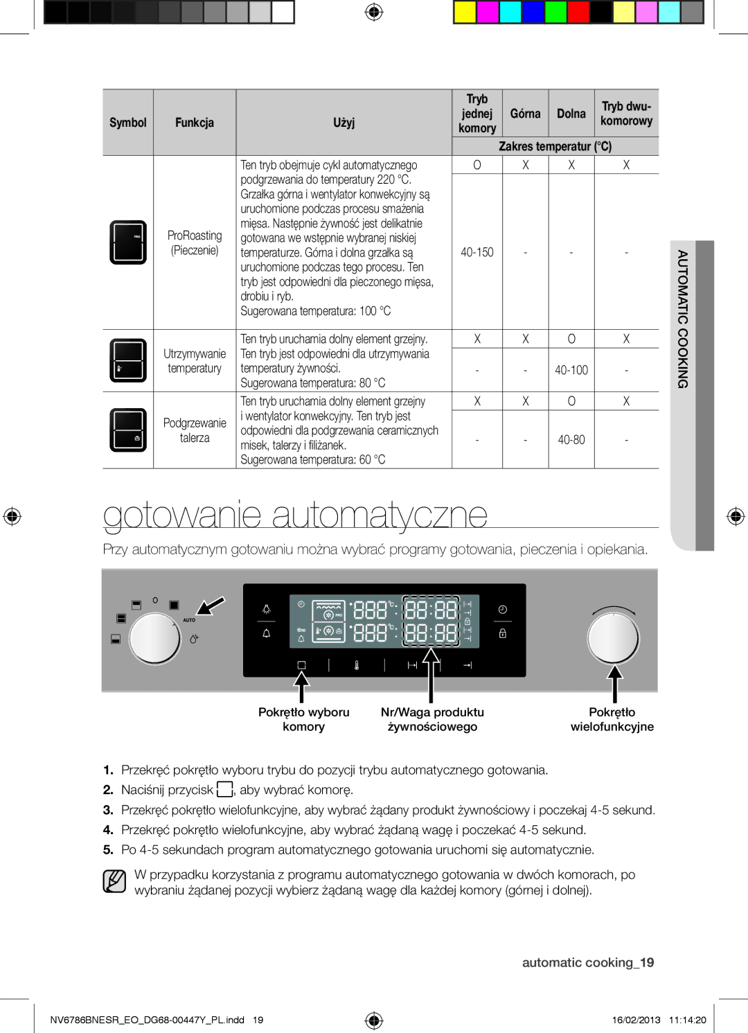 Samsung NV6786BNESR/EO manual Gotowanie automatyczne, Automatic cooking19 