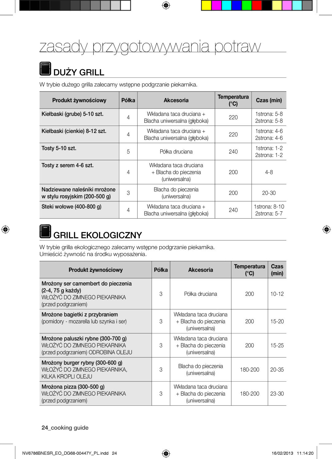 Samsung NV6786BNESR/EO manual Zasady przygotowywania potraw, Duży Grill, Grill Ekologiczny 