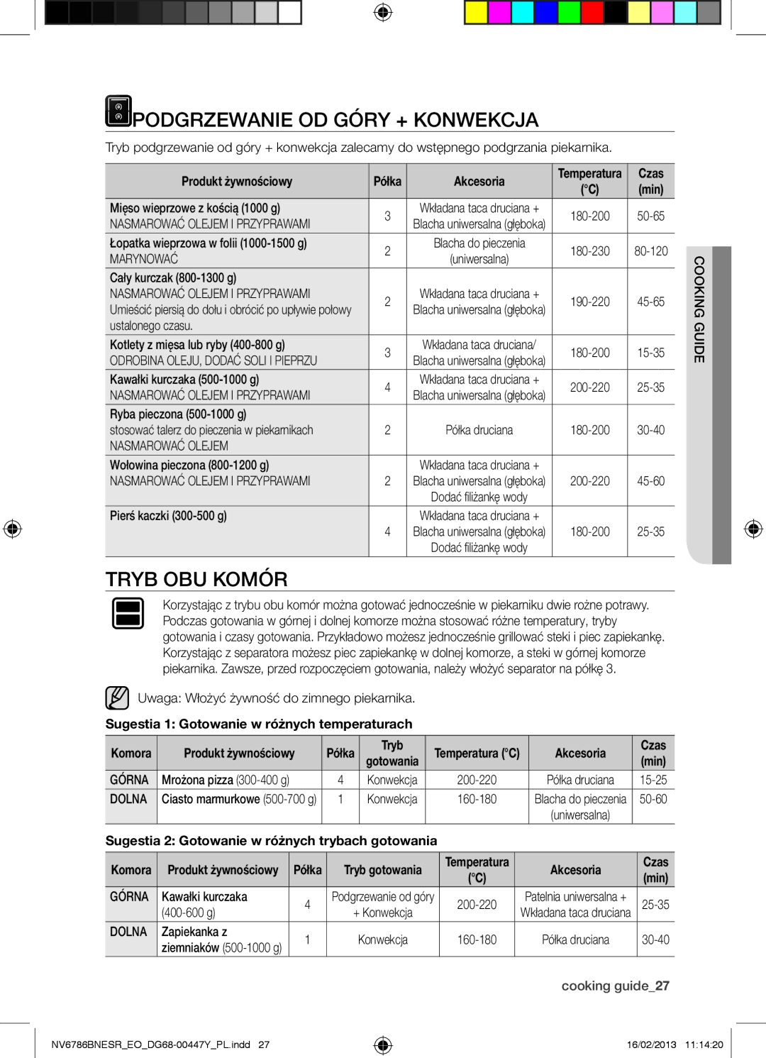 Samsung NV6786BNESR/EO manual Podgrzewanie OD Góry + Konwekcja, Tryb OBU Komór 