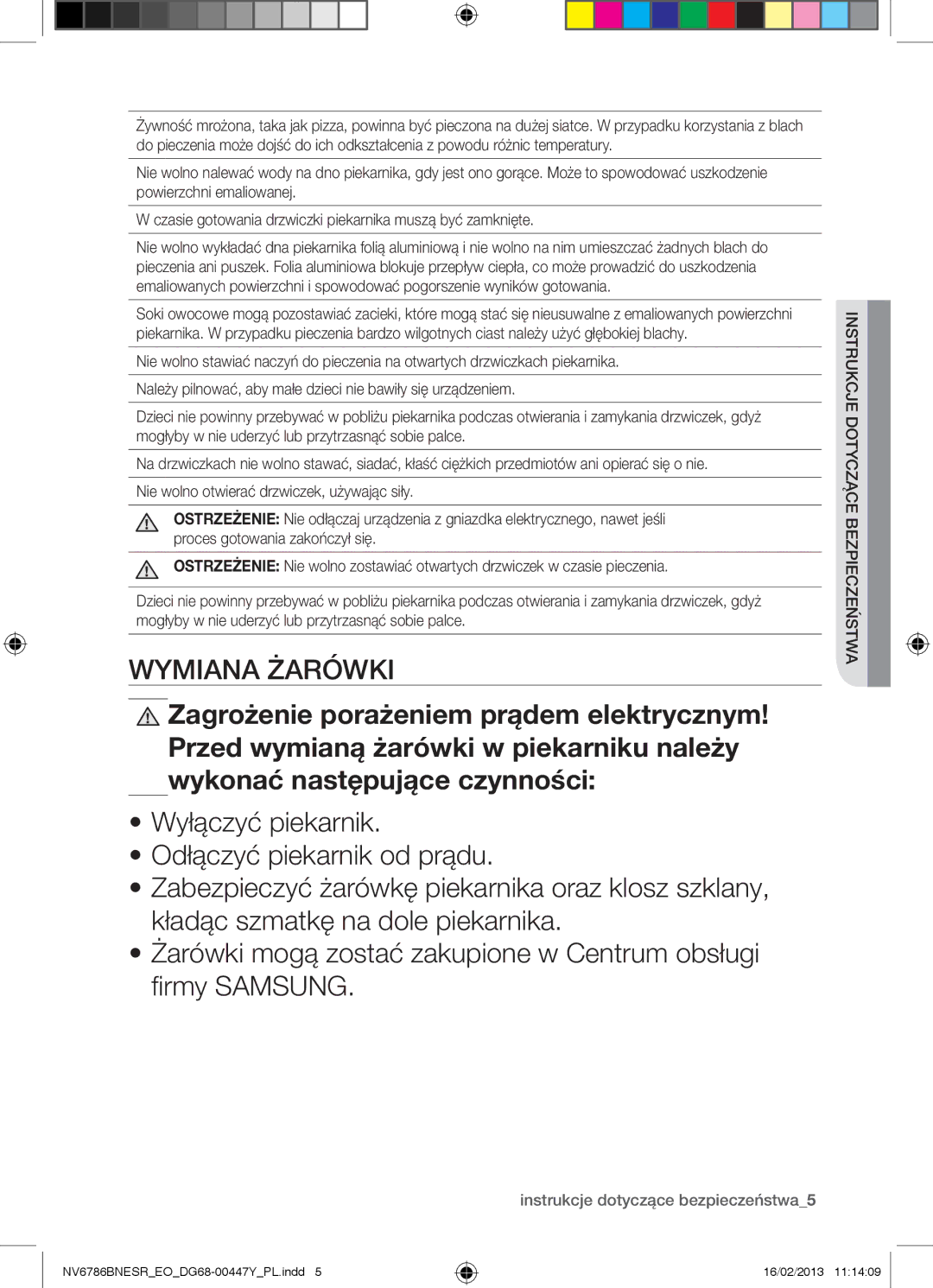 Samsung NV6786BNESR/EO manual Wymiana Żarówki, Instrukcje dotyczące bezpieczeństwa5 