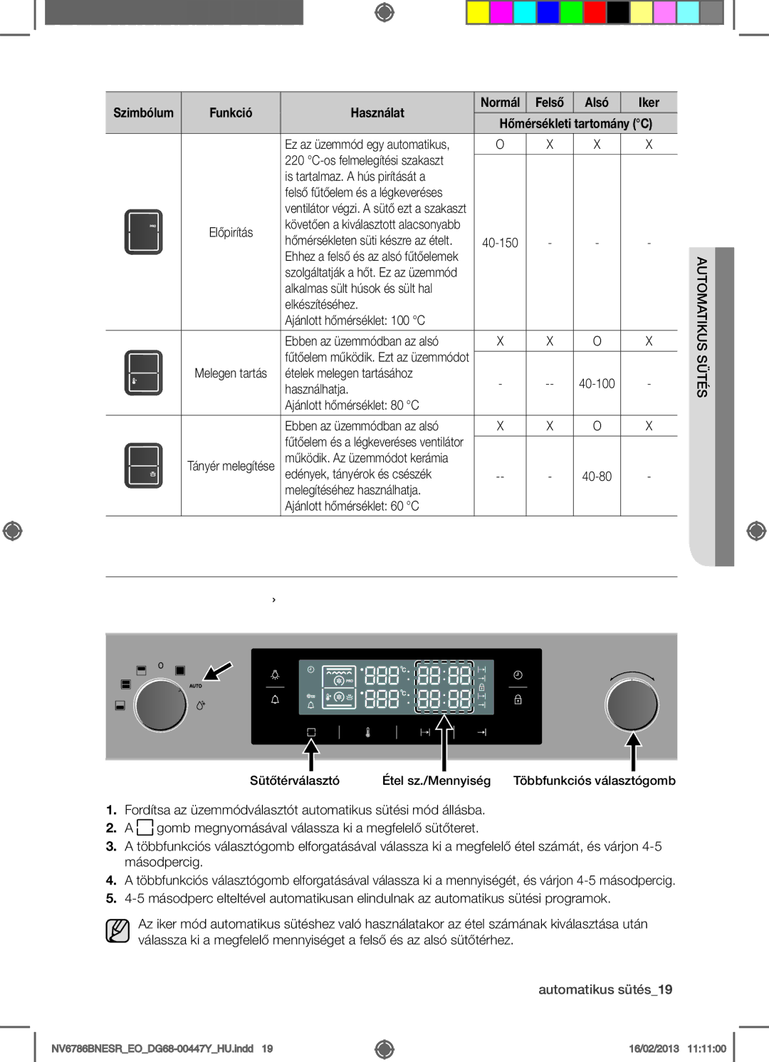 Samsung NV6786BNESR/EO manual Automatikus sütés19 