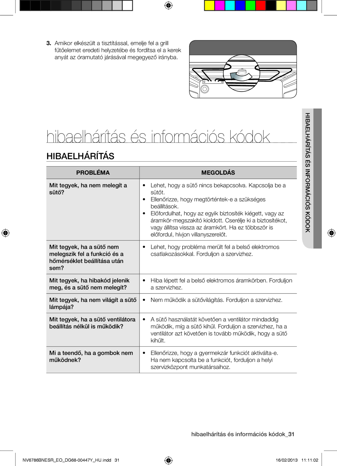 Samsung NV6786BNESR/EO Probléma Megoldás, Hibaelhárítás és információs kódok31, Nformá h elaárításibhés Iók c okód 