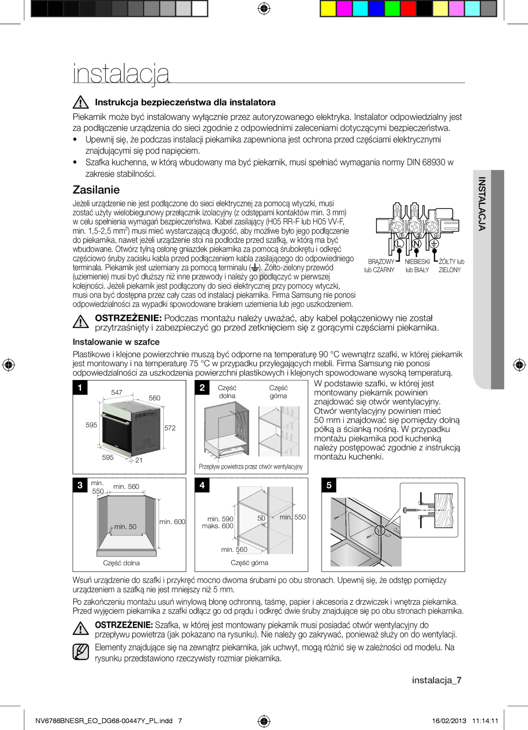 Samsung NV6786BNESR/EO manual Instrukcja bezpieczeństwa dla instalatora, Talacja, Instalacja7, Instalowanie w szafce 