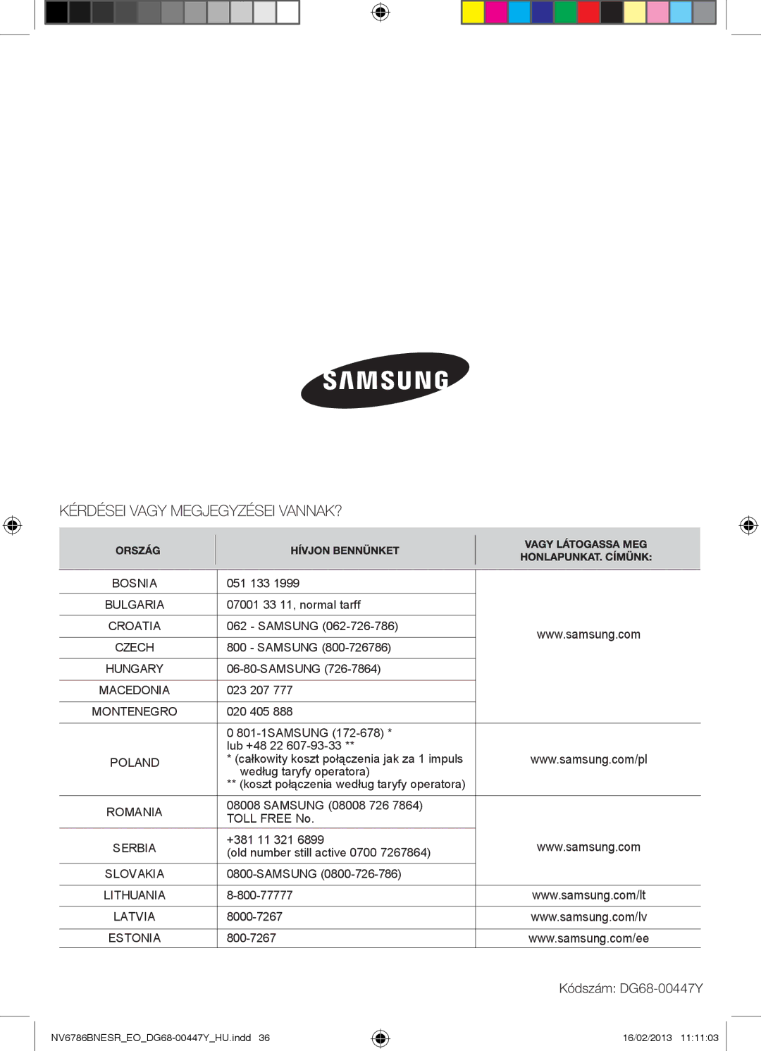 Samsung NV6786BNESR/EO manual Kódszám DG68-00447Y, 023 207, 020 405 801-1SAMSUNG Lub +48 22, 800-77777 