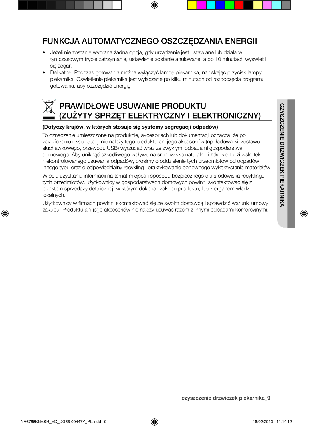 Samsung NV6786BNESR/EO manual Funkcja Automatycznego Oszczędzania Energii, Czyszczenie drzwiczek piekarnika9 