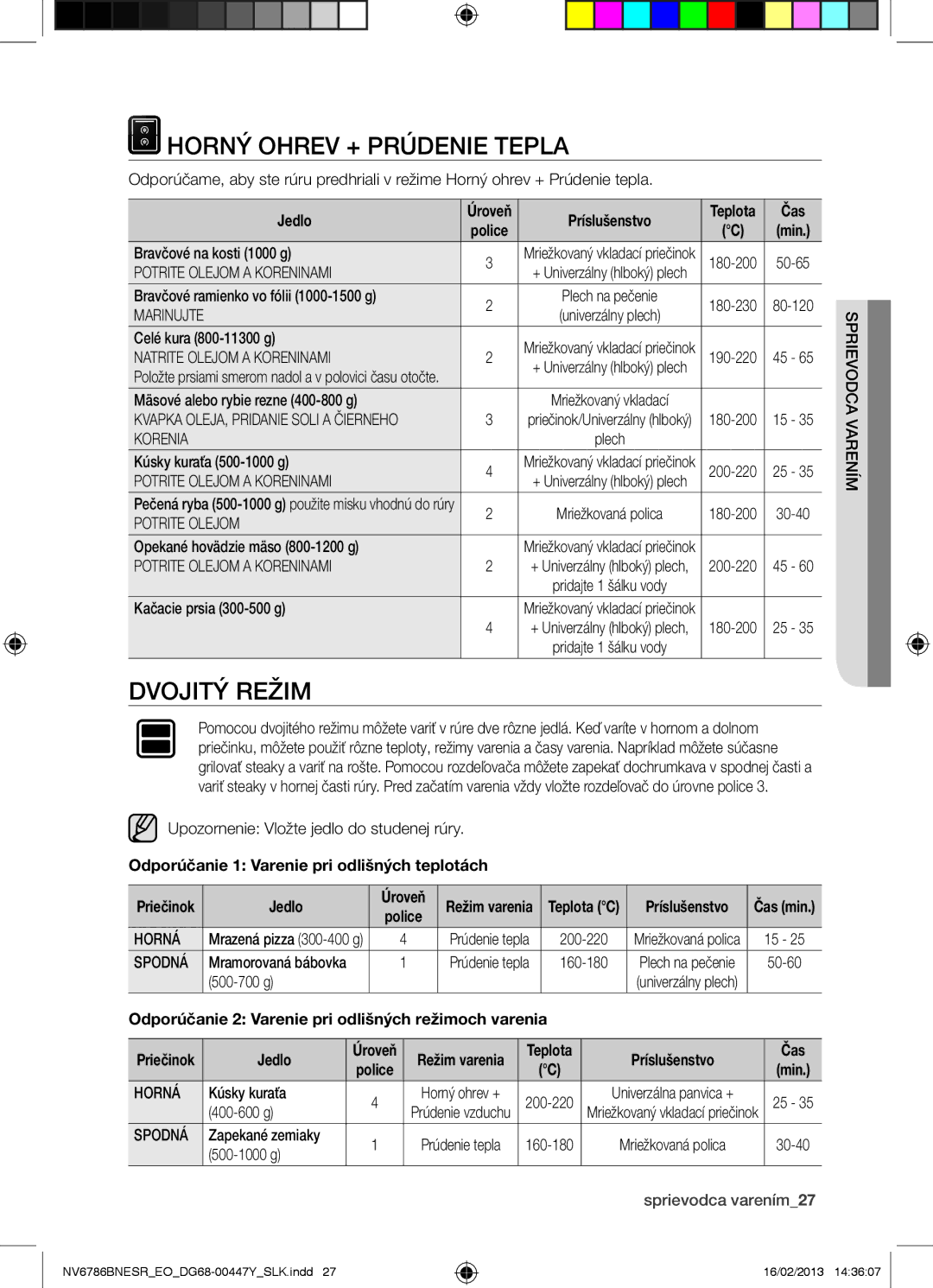 Samsung NV6786BNESR/EO manual Horný Ohrev + Prúdenie Tepla, Dvojitý Režim, Odporúčanie 1 Varenie pri odlišných teplotách 