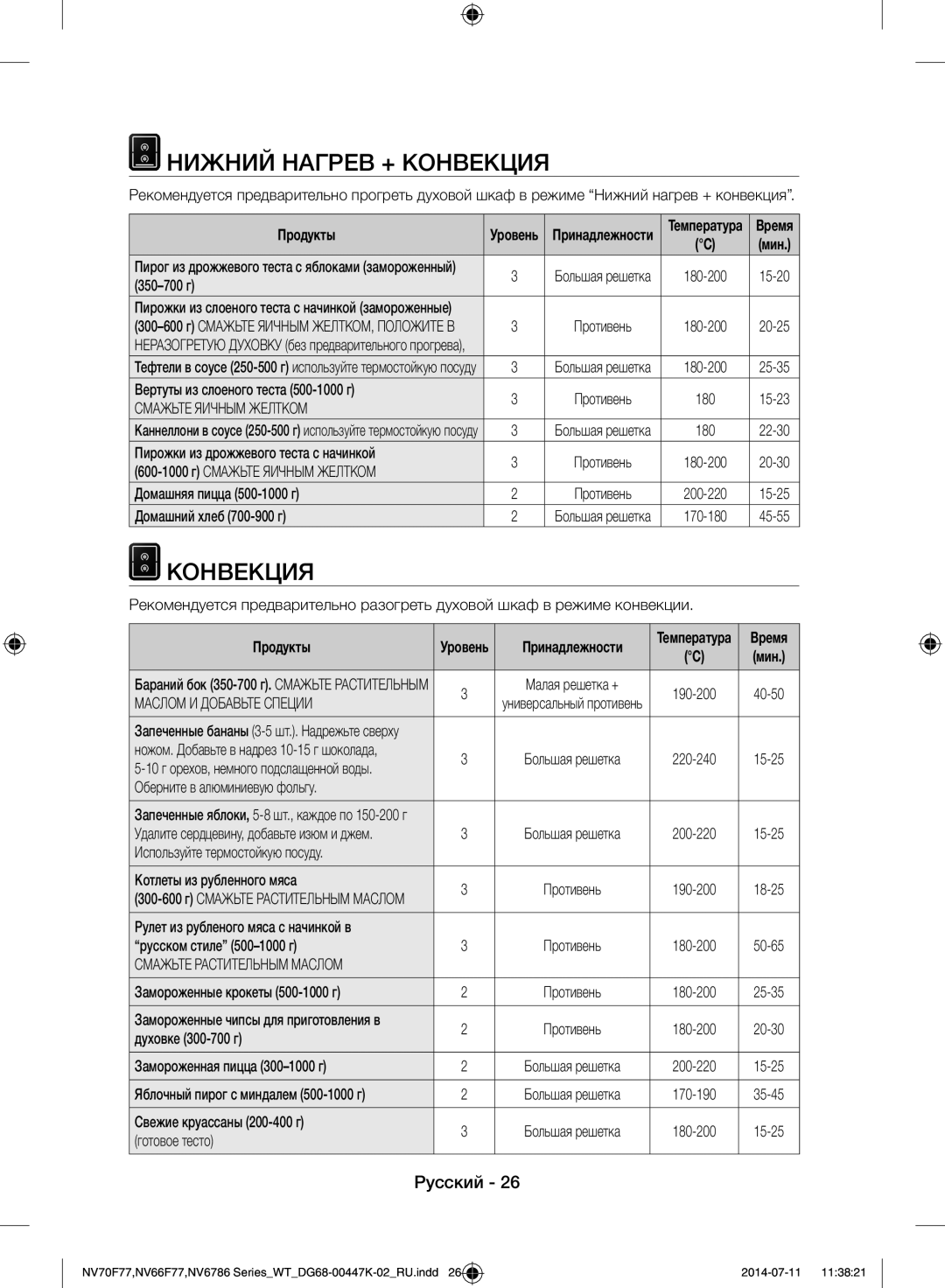 Samsung NV6786BNESR/WT manual Нижний Нагрев + Конвекция 