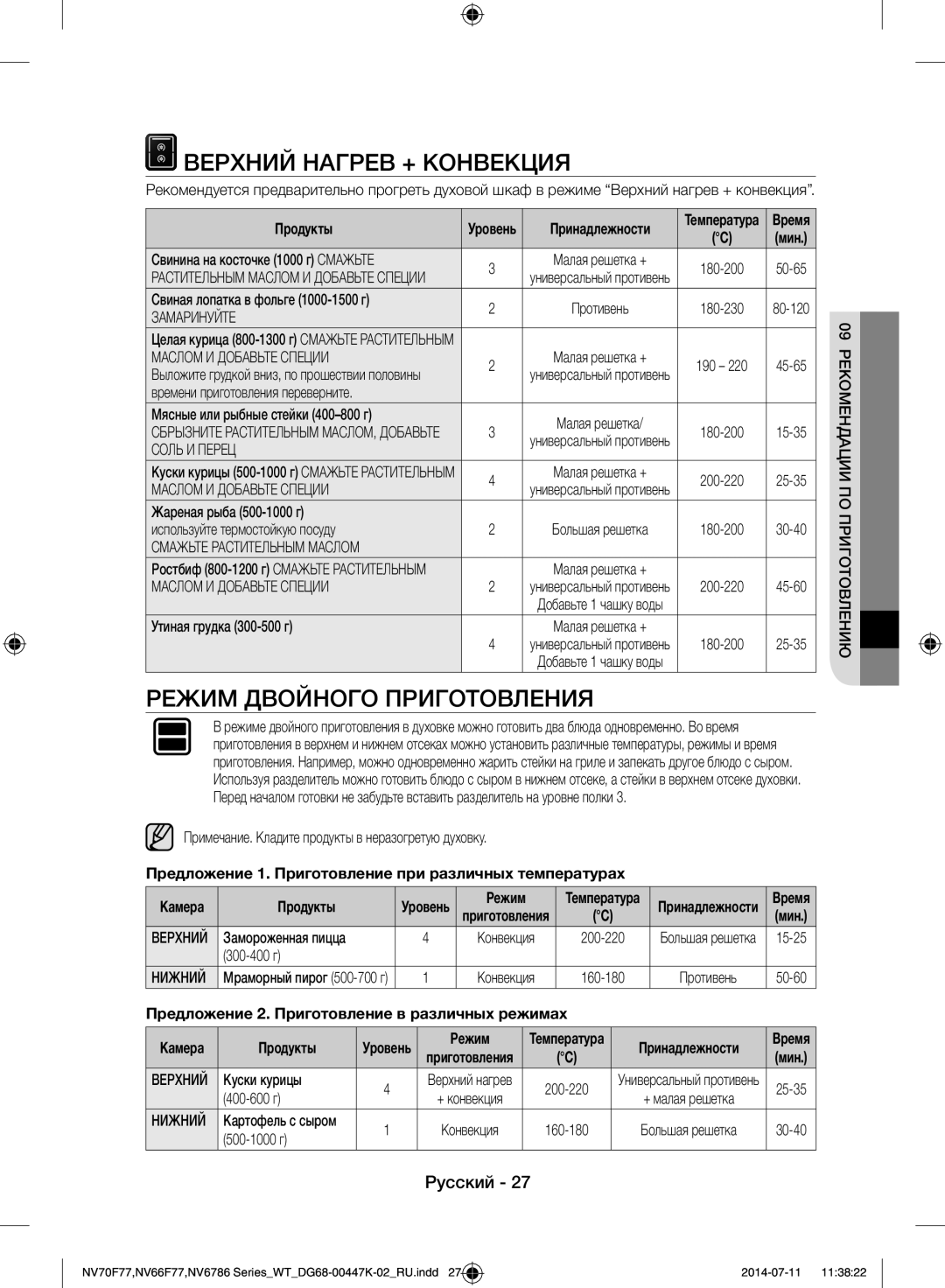 Samsung NV6786BNESR/WT manual Верхний Нагрев + Конвекция, Предложение 1. Приготовление при различных температурах 