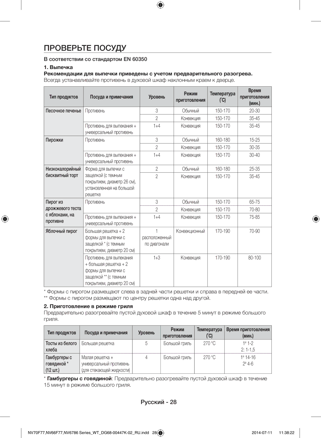 Samsung NV6786BNESR/WT manual Проверьте Посуду, Выпечка, Приготовление в режиме гриля, Режим 