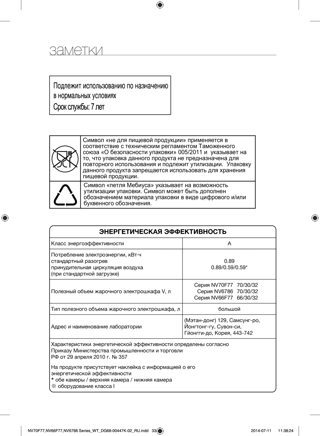 Samsung NV6786BNESR/WT manual Заметки, « », « Ма» а а а € С € Ааа а … / а, «О а а» 005/2011 а а а , аа а а ааа 