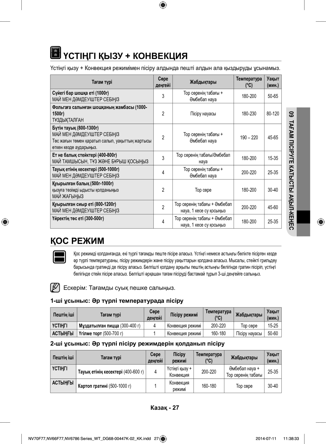 Samsung NV6786BNESR/WT manual Үстіңгі Қызу + Конвекция, ҚОС Режим, Ескерім Тағамды суық пешке салыңыз 