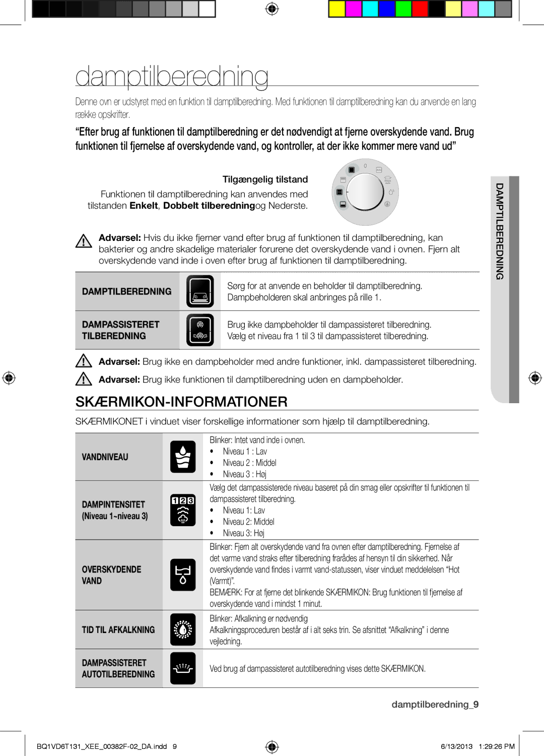 Samsung BQ1VD6T131/XEE, NV6986BJUSR/EE manual Damptilberedning, Skærmikon-Informationer 