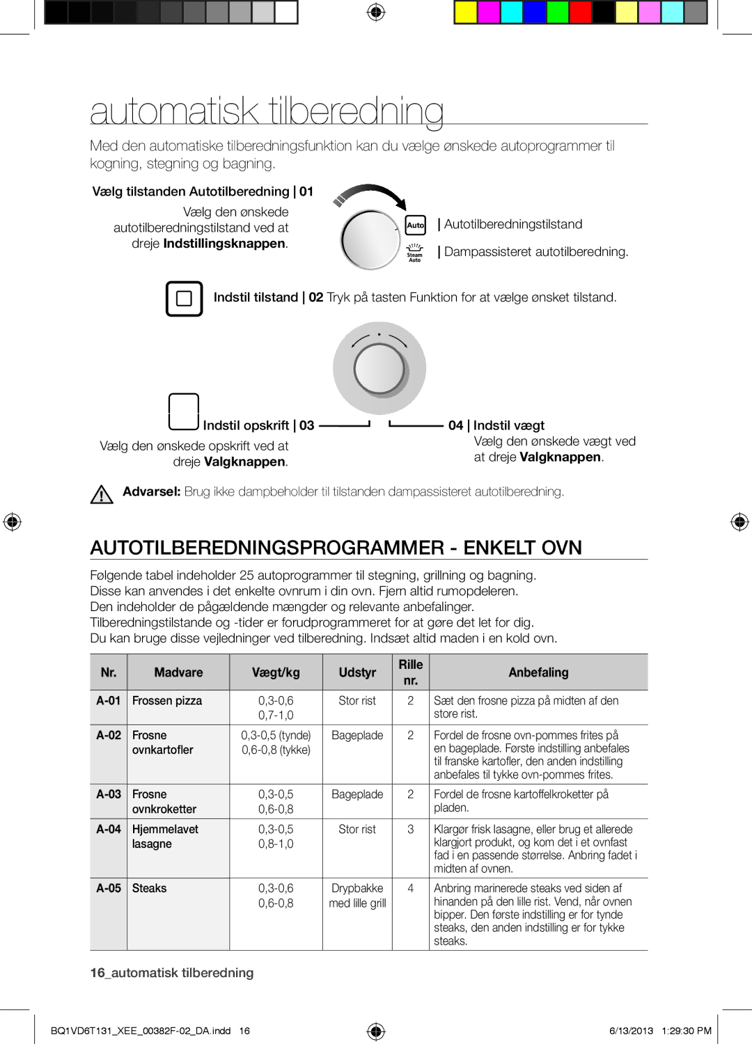 Samsung NV6986BJUSR/EE manual Autotilberedningsprogrammer Enkelt OVN, Dreje Indstillingsknappen, Dreje Valgknappen 