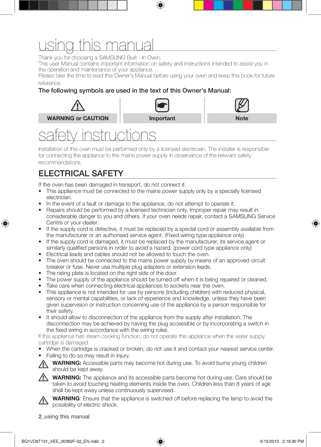 Samsung NV6986BJUSR/EE, BQ1VD6T131/XEE Using this manual, Safety instructions, Electrical Safety, Recommendations 