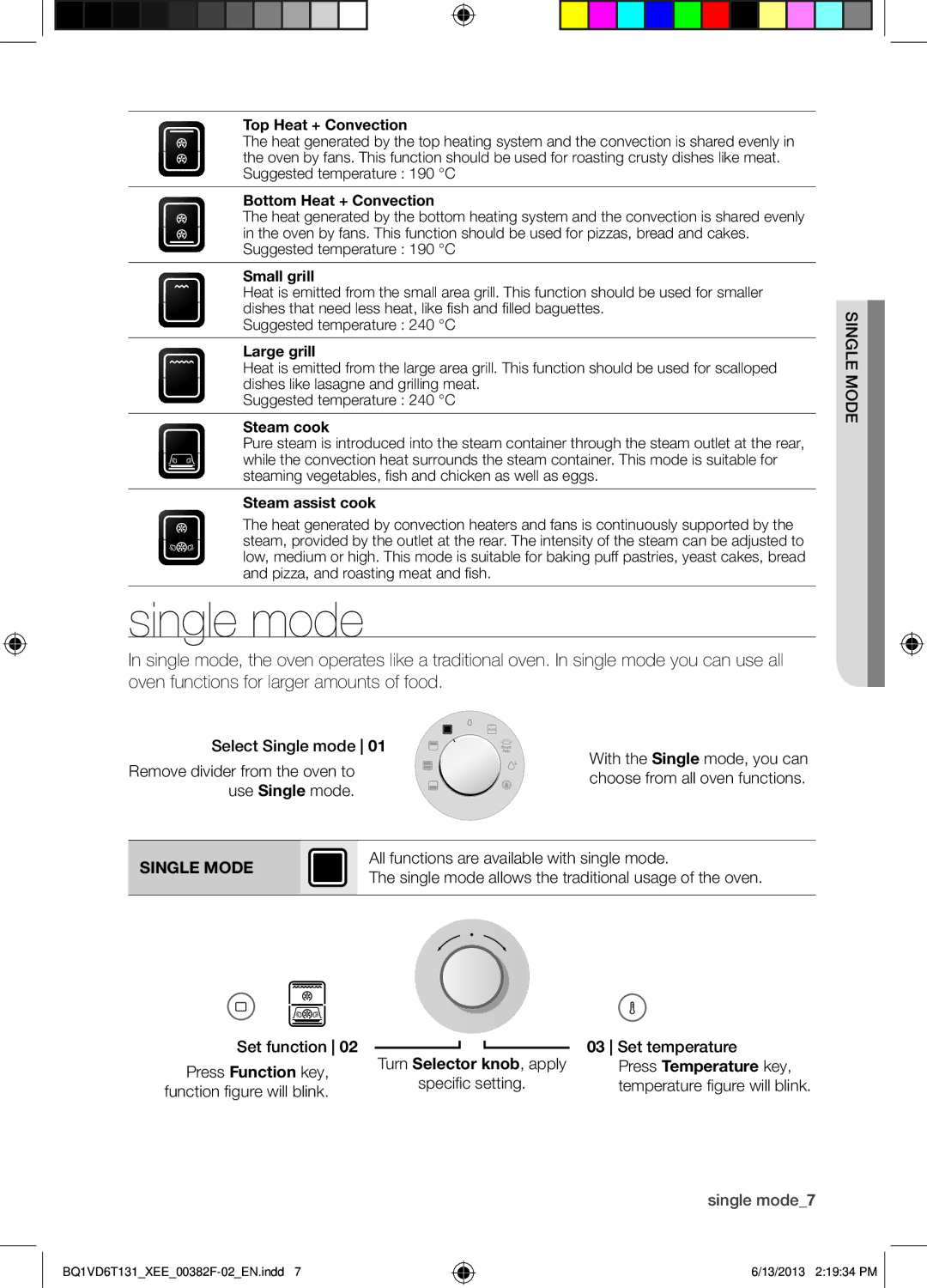 Samsung BQ1VD6T131/XEE, NV6986BJUSR/EE manual Single mode, Single Mode 