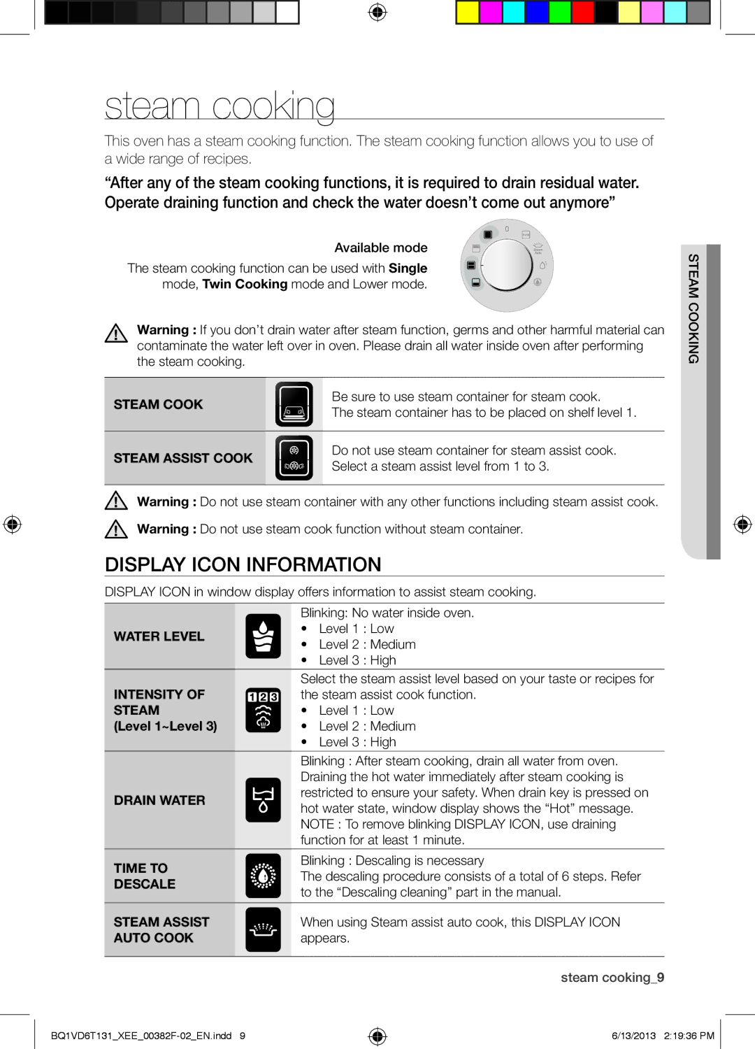 Samsung BQ1VD6T131/XEE, NV6986BJUSR/EE manual Steam cooking, Display Icon Information 