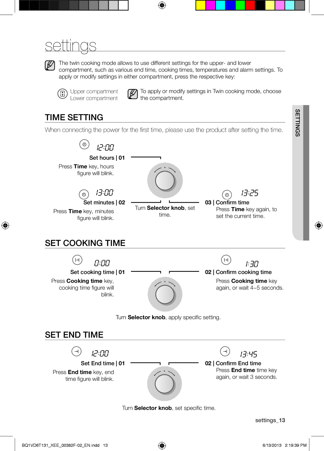 Samsung BQ1VD6T131/XEE, NV6986BJUSR/EE manual Settings, Time Setting, SET Cooking Time, SET END Time, Press Cooking time key 