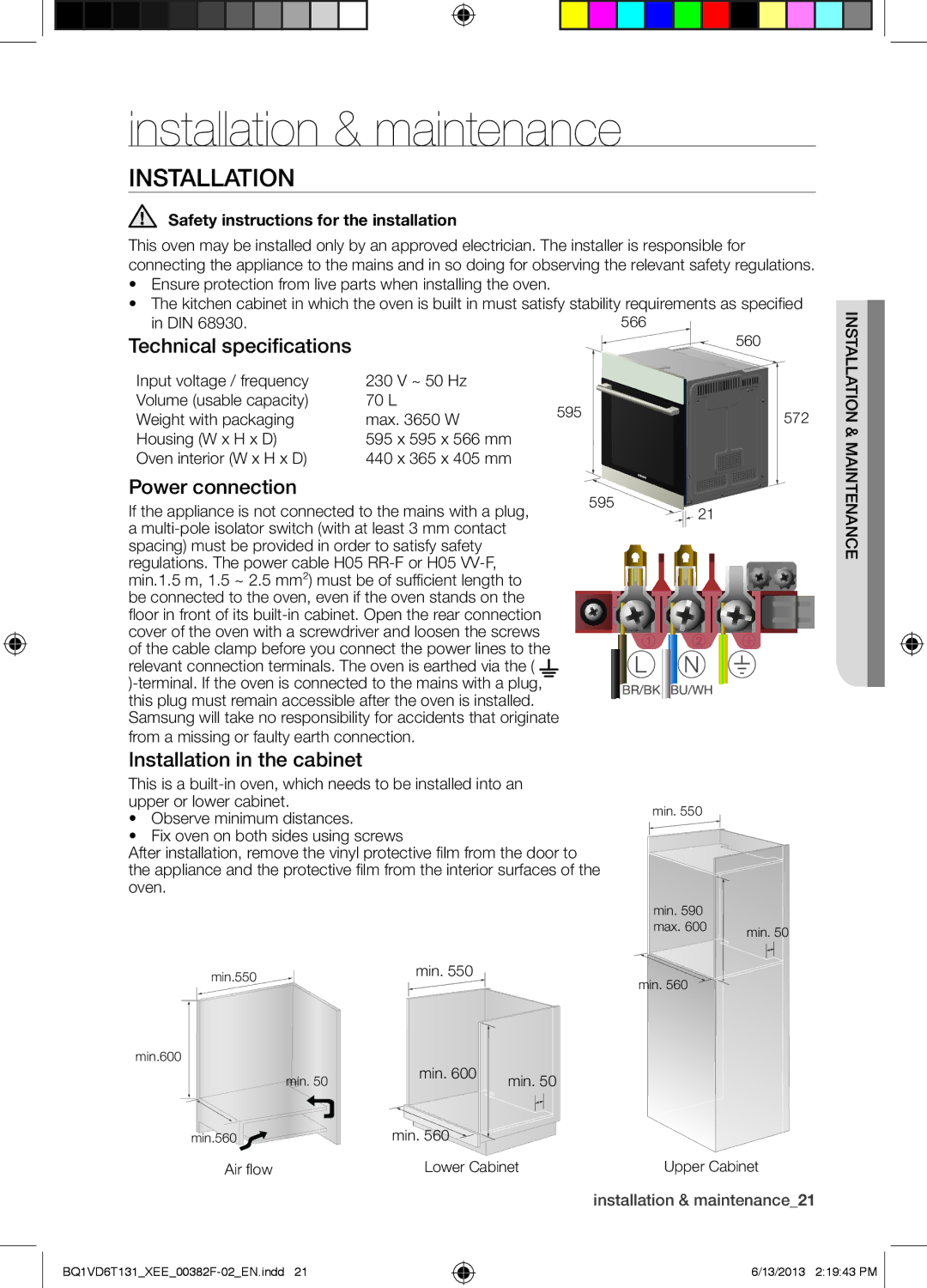 Samsung BQ1VD6T131/XEE Installation & maintenance, Technical specifications, Power connection, Installation in the cabinet 