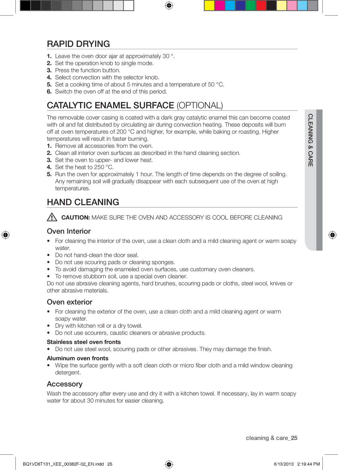 Samsung BQ1VD6T131/XEE, NV6986BJUSR/EE manual Rapid Drying, Catalytic Enamel Surface Optional, Hand Cleaning 